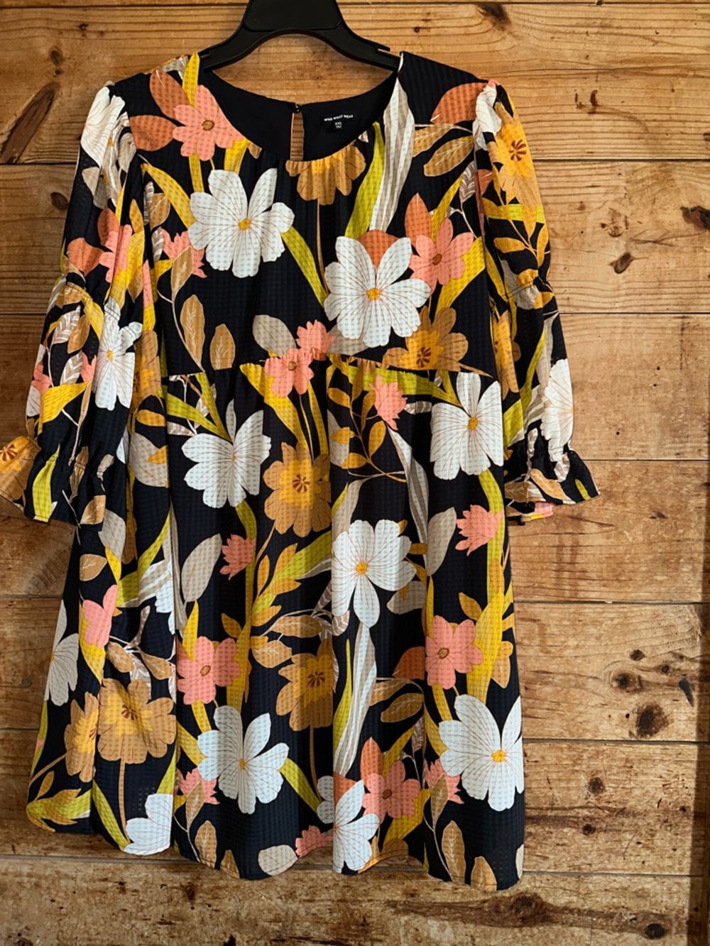 Who What Wear Black Floral Tiered Babydoll Dress with White & Pink Blooms